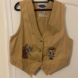Vintage Blue Diamond Angel Vest Tan Embroidered Casual Style